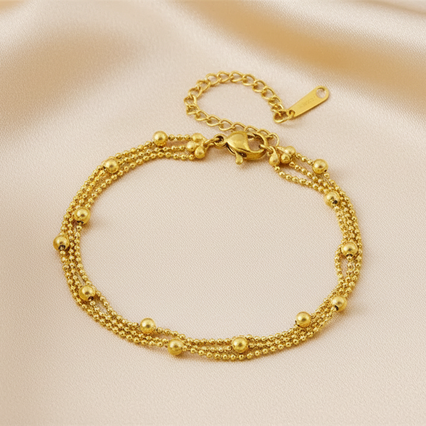 Bracelet femme en acier inoxydable doré à triple chaîne à billes et perles, bijou tendance au style chic et bohème