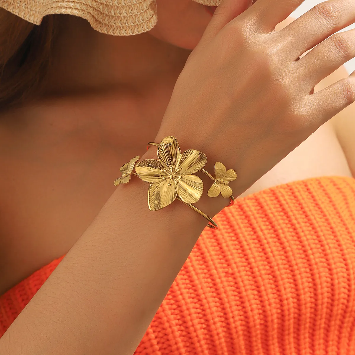 Bracelet manchette Fleur et Papillons HAWAII – Acier chirurgical