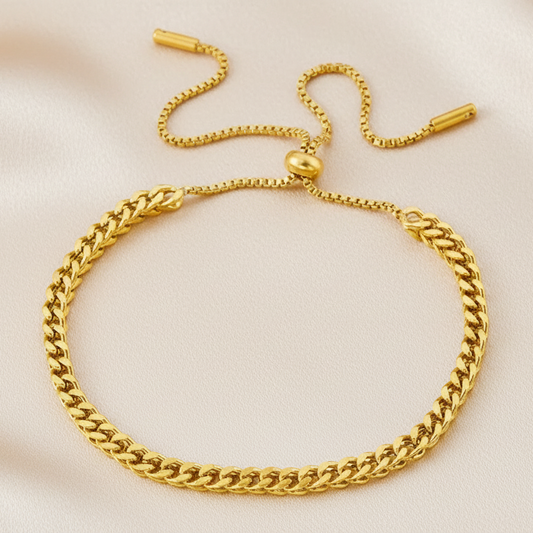 Bracelet femme doré acier inoxydable, maille gourmette épaisse 3 mm et fermeture ajustable coulissante