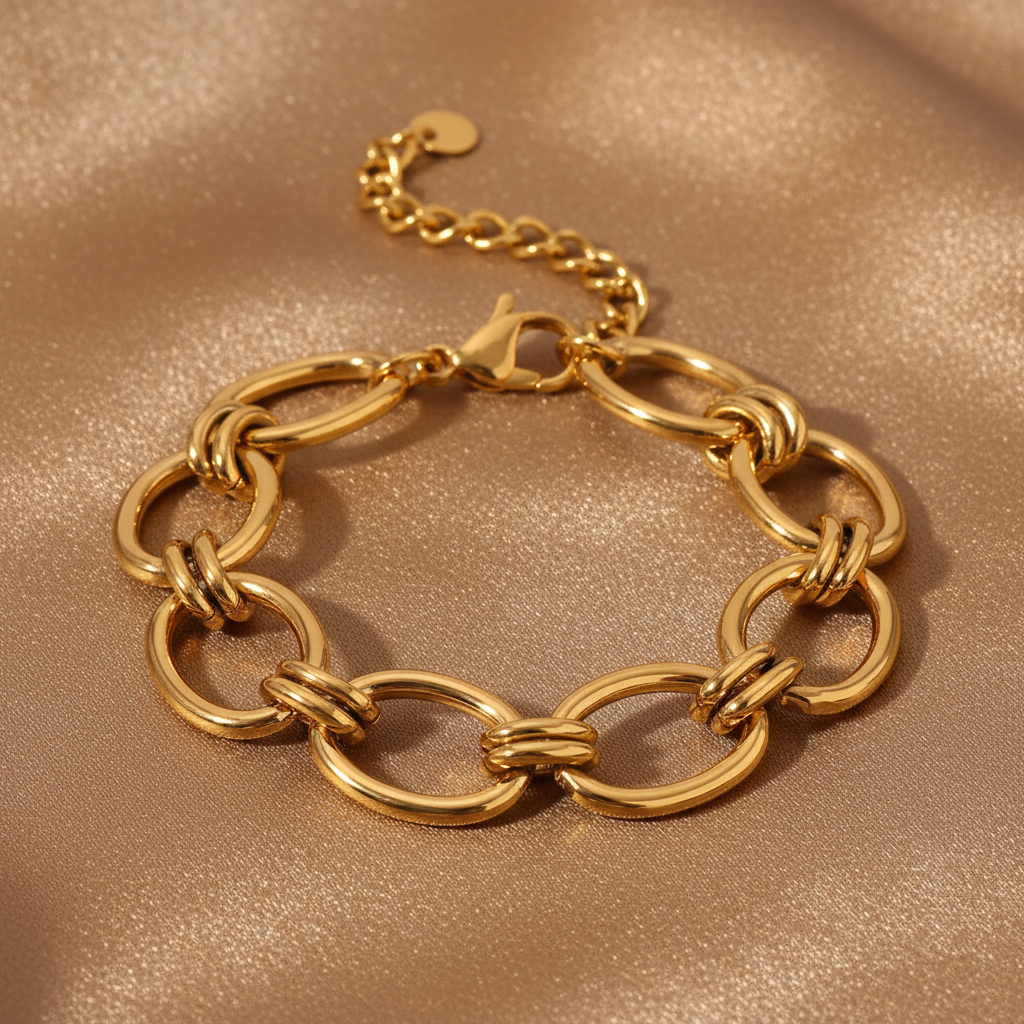 Bracelet doré en acier inoxydable 316L plaqué or 18K à grosse chaîne trombone.