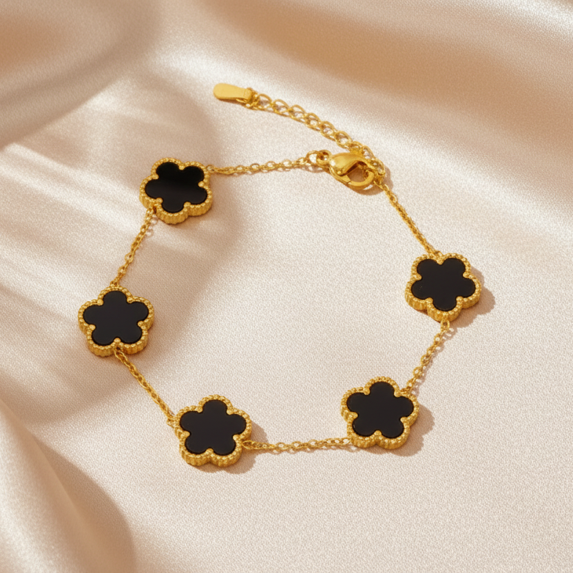 Bracelet doré femme en acier inoxydable, 5 petites fleurs noires en pierre naturelle, bijou bohème chic