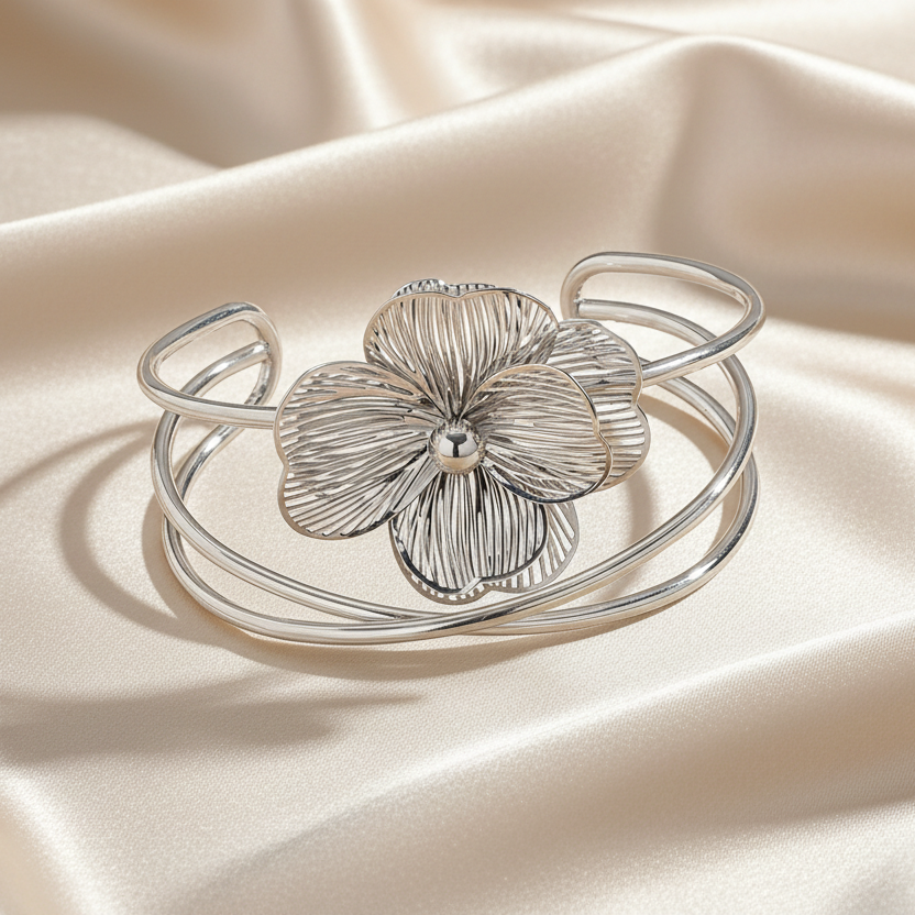 Bracelet manchette Fleur ATHENA – Acier chirurgical doré ou argenté