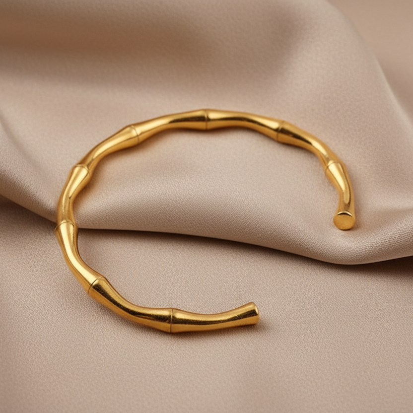 Bracelet manchette doré pour femme en acier inoxydable, design effet bambou, bijou au style bohème chic