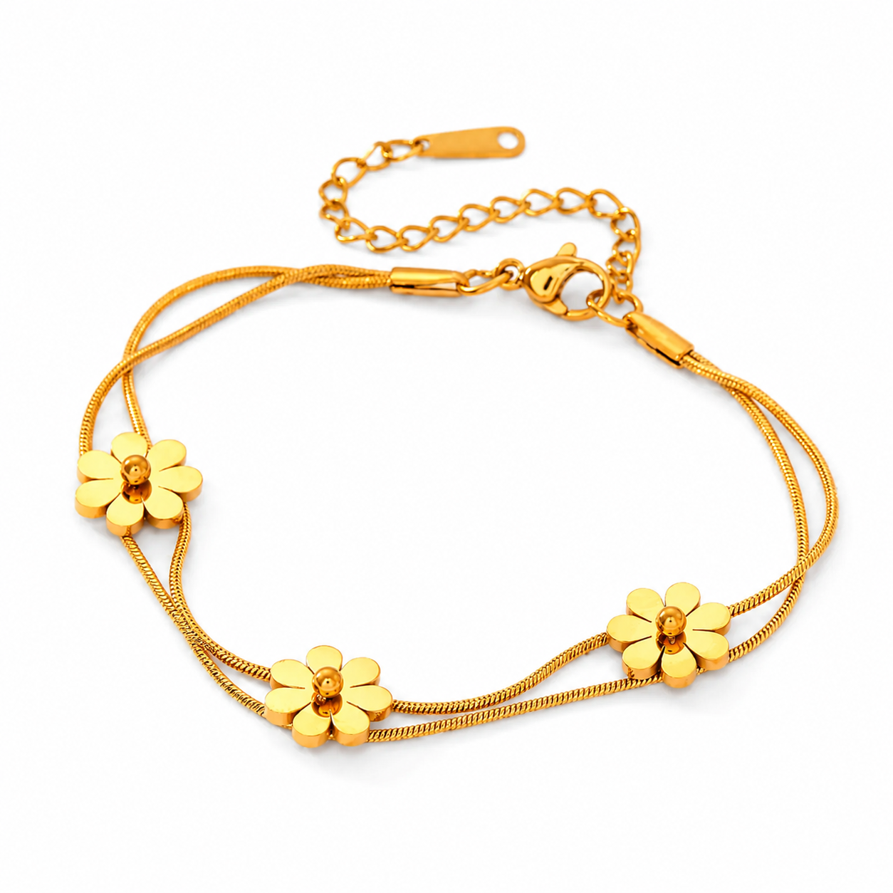 Bracelet doré en acier inoxydable à double maille serpent fine ornée de 3 petites fleurs marguerite.
