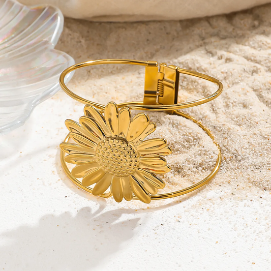 Bracelet manchette femme en acier inoxydable doré, décoré d’une grande fleur marguerite, style bohème