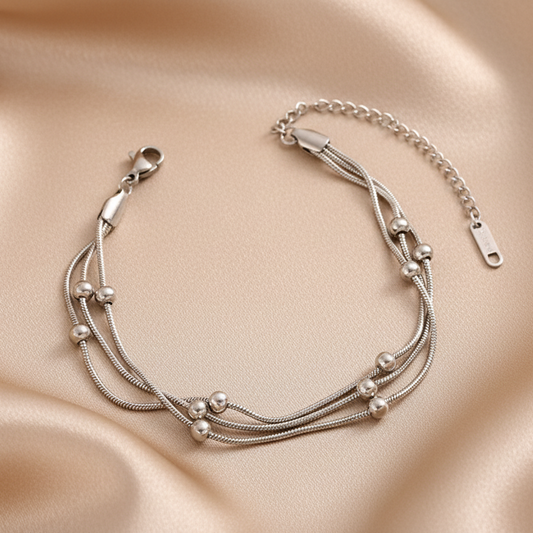 Bracelet triple chaîne à fine maille serpent et perles en acier inoxydable argenté, bijou élégant