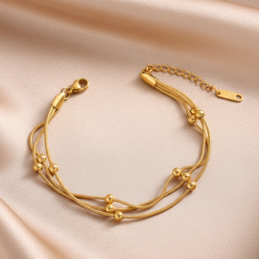 Bracelet triple chaîne à fine maille serpent et perles en acier inoxydable doré, bijou élégant