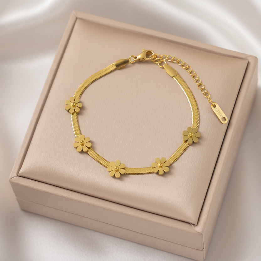 Bracelet doré en acier inoxydable à maille serpent large de 3 mm orné de 5 petites fleurs, bijou tendance