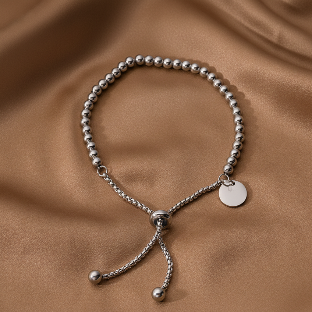 Bracelet coulissant en acier inoxydable 316L argenté à chaîne à billes personnalisable.