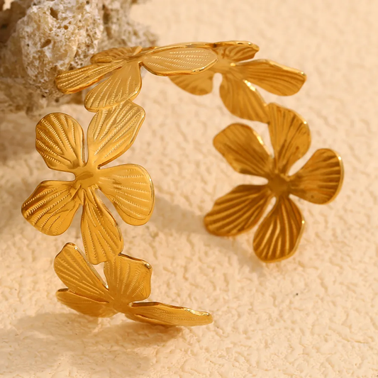 Bracelet manchette en acier inoxydable doré, décoré de fleurs tropicales, style bohème