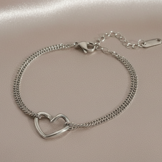 Bracelet femme tendance, en acier inoxydable argenté, double chaîne fine maille gourmette ornée d'un coeur, style chic et bohème