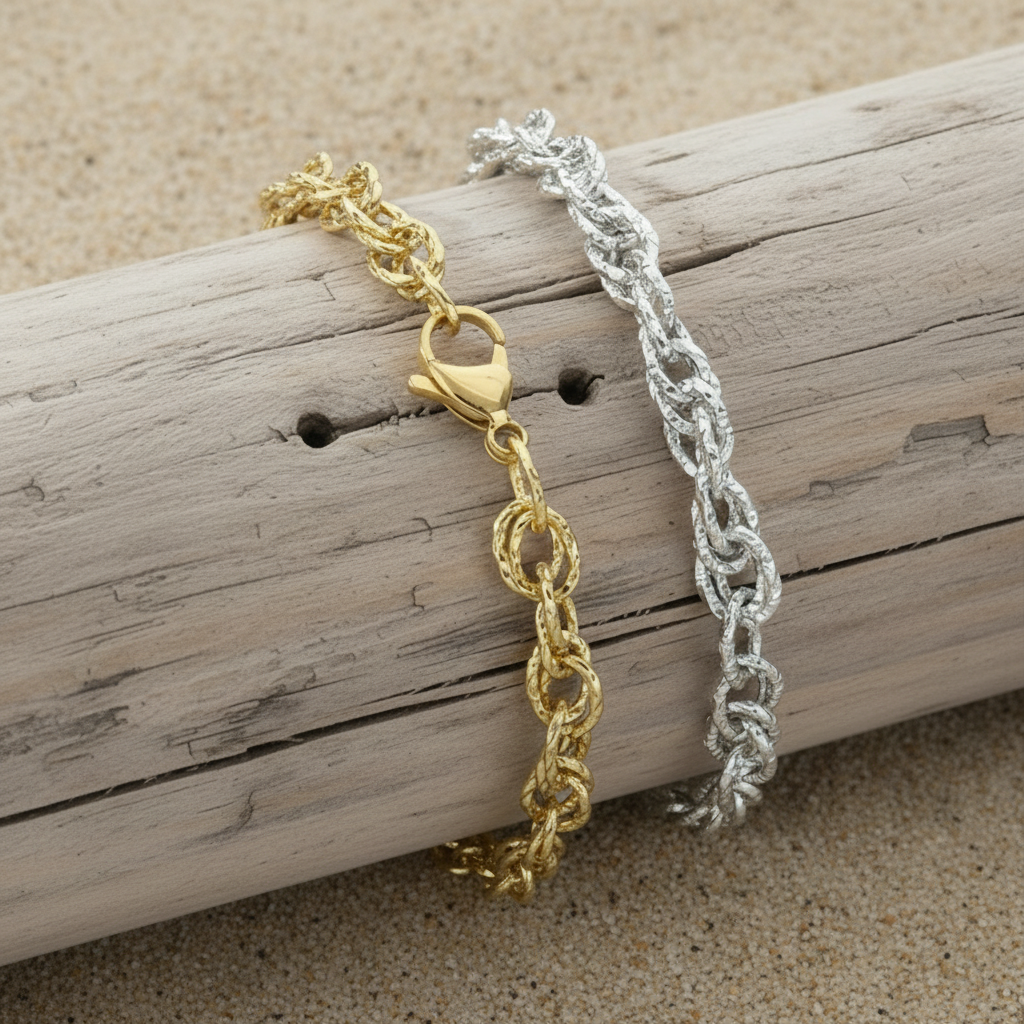 Bracelet gourmette en acier inoxydable, disponible en doré ou argenté, avec maillons torsadés doubles.