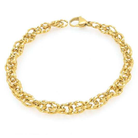 Bracelet gourmette doré en acier inoxydable à maillons torsadés doubles.