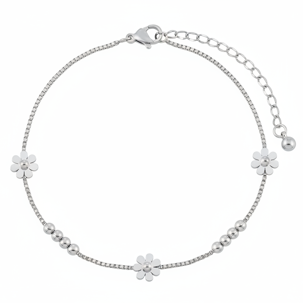 Bracelet de cheville en acier inoxydable 316L argenté orné de 3 petites fleurs et 8 perles.