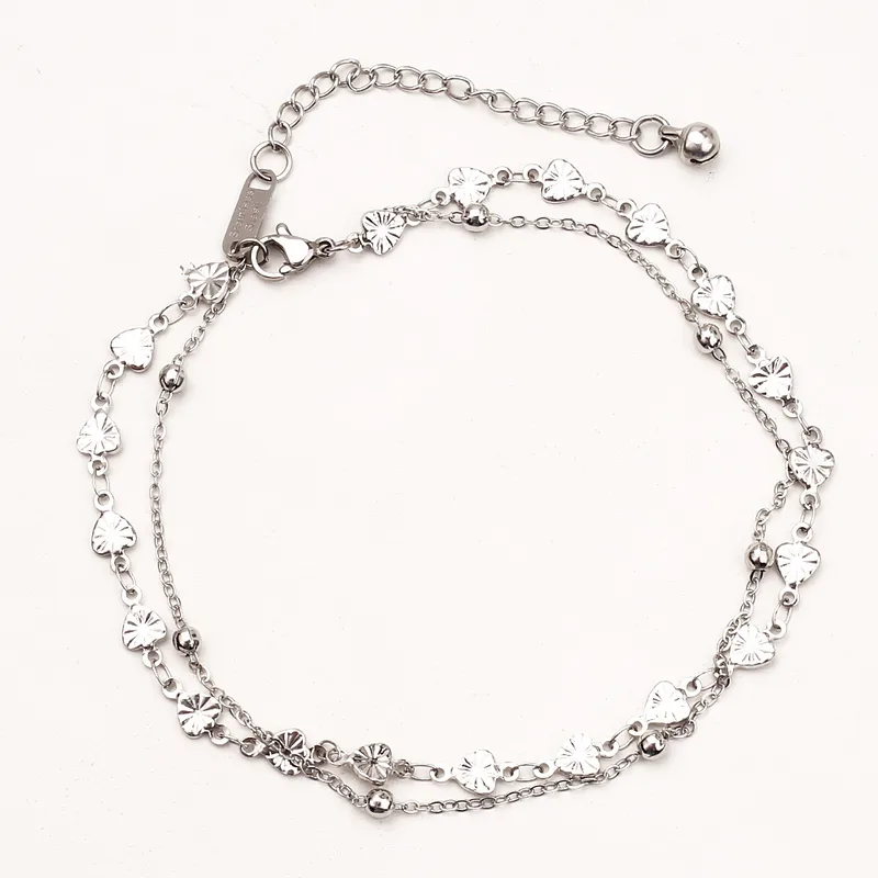 Bracelet de cheville en acier inoxydable, double chaîne avec perles et cœurs, bijou argenté élégant
