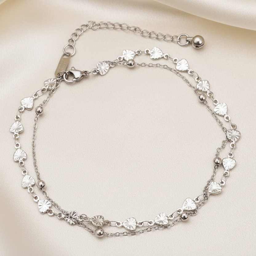 Bracelet de cheville en acier inoxydable, double chaîne avec perles et cœurs, bijou argenté élégant