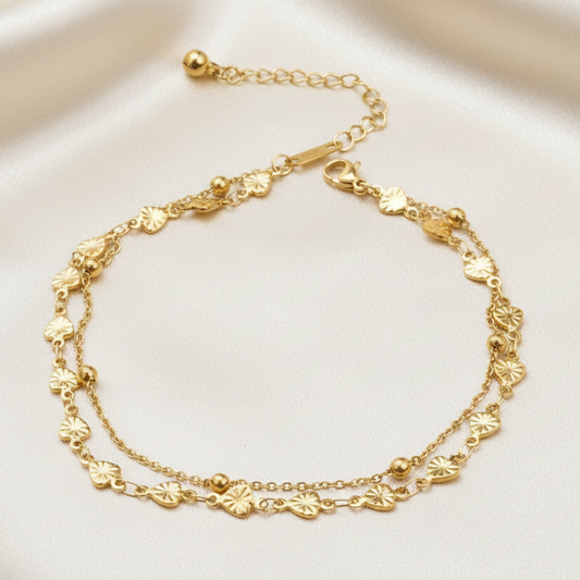 Bracelet de cheville en acier inoxydable, double chaîne avec perles et cœurs, bijou doré élégant