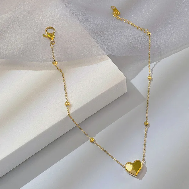 Bracelet de cheville Coeur et perles SERENA – Acier chirurgical doré