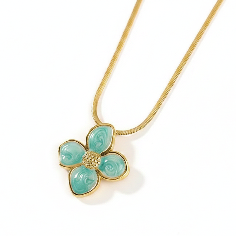 Collier doré pour femme en acier inoxydable à maille serpent et pendentif fleur tropicale émaillée vert, bijou bohème et tendance