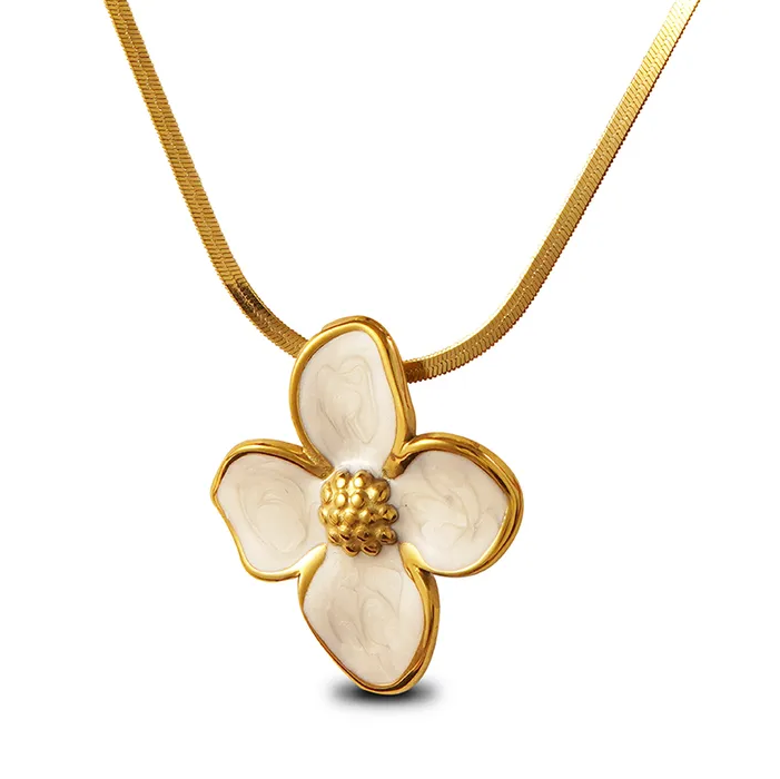 Collier FIDJI en acier inoxydable Grande Fleur blanche