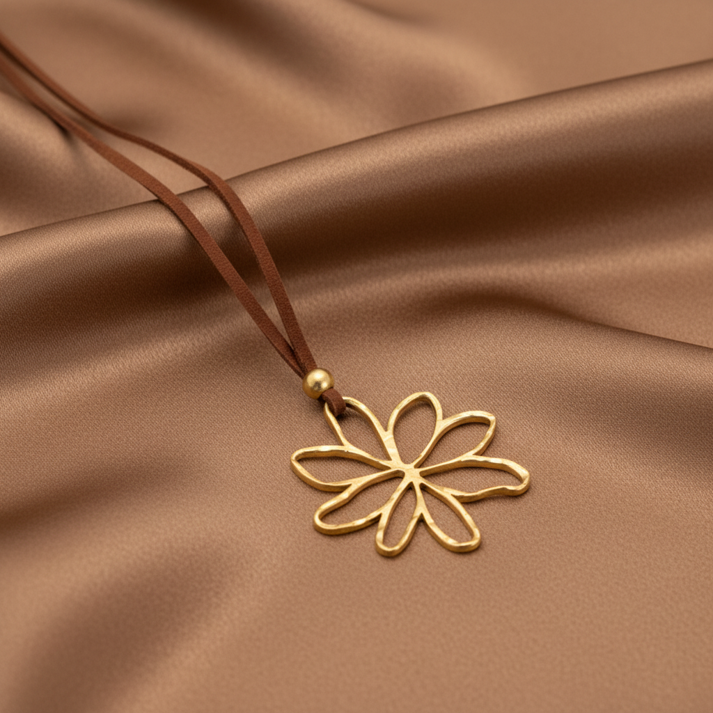 Collier à cordon en velours marron et pendentif grande fleur stylisée ajourée et martelée en acier inoxydable doré.