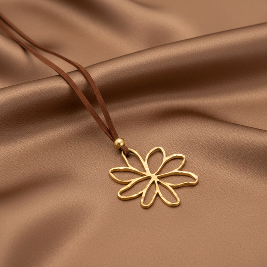 Collier à cordon en velours marron et pendentif grande fleur stylisée ajourée et martelée en acier inoxydable doré.