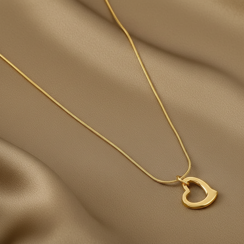 Collier en acier inoxydable 316L doré à fine chaîne maille serpent orné d'un pendentif petit cœur ajouré stylisé.