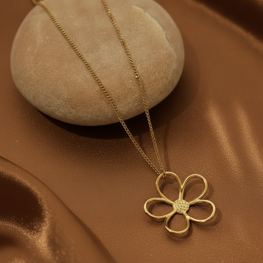 Collier doré en acier inoxydable à maille gourmette avec pendentif fleur stylisée et ajourée.