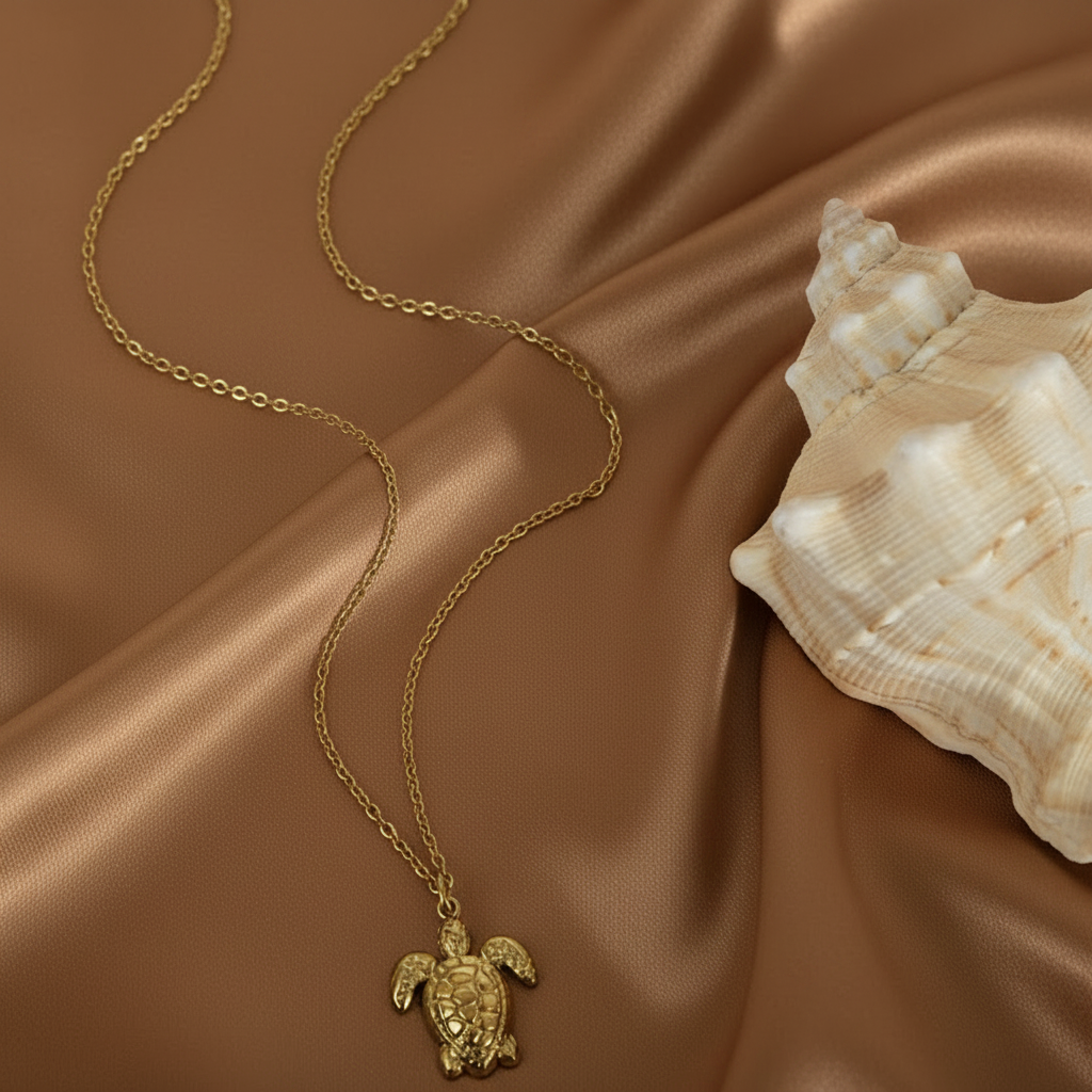 Collier pendentif tortue en acier inoxydable 316L doré, avec chaîne maille cubaine.