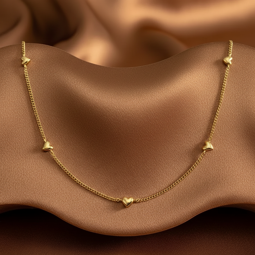 Collier doré en acier inoxydable 316L à fine maille gourmette orné de neuf petits cœurs minimalistes.