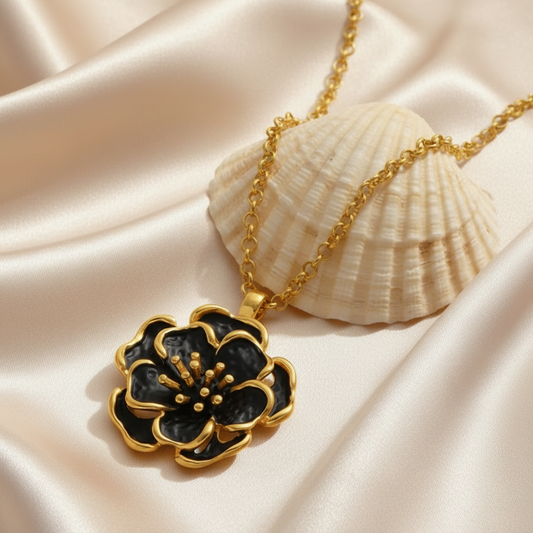 Collier doré en acier inoxydable, maille rolo, pendentif grande fleur noire stylisée, bijou bohème