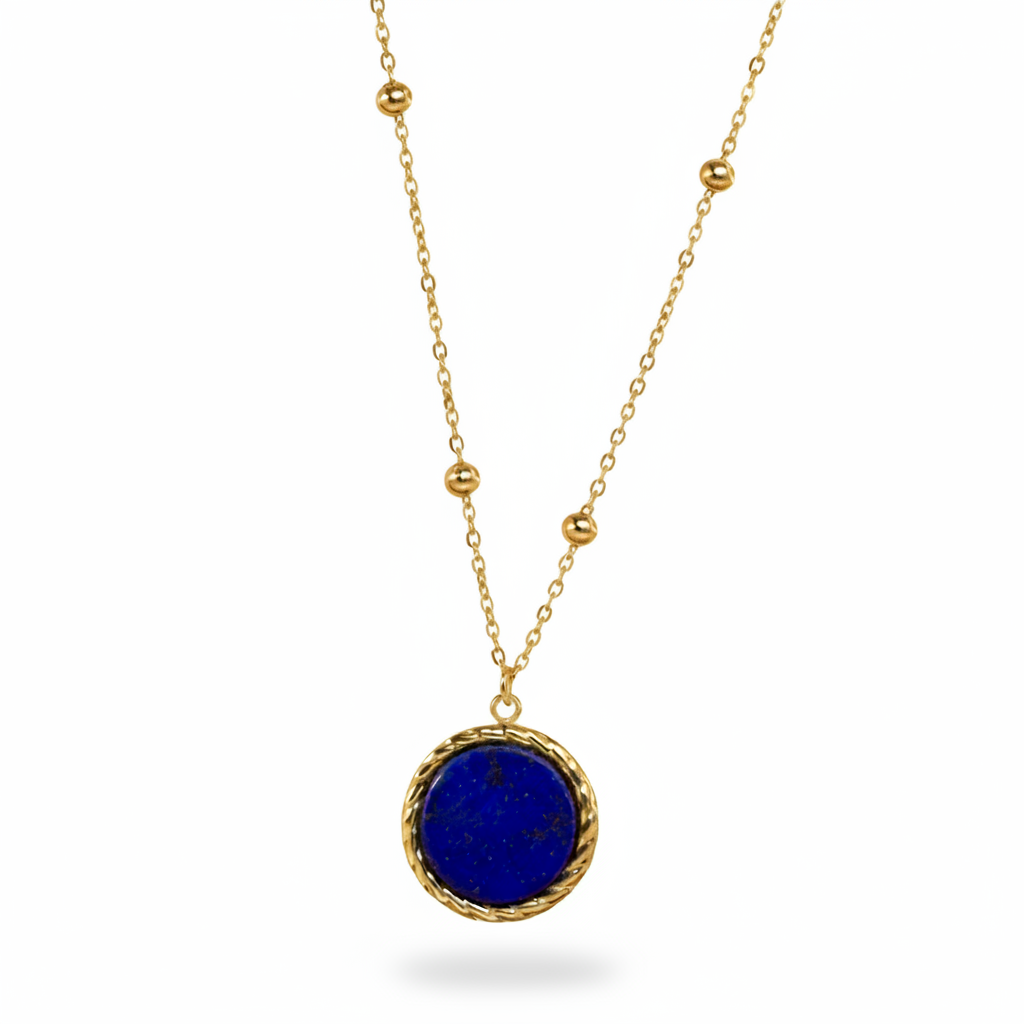 Collier doré en acier inoxydable 316L avec pendentif rond en pierre naturelle Lapis-Lazuli.