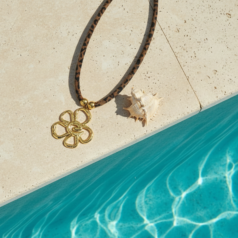 Collier ras-de-cou à cordon imprimé léopard avec pendentif fleur stylisée en acier 316L doré, style chic et bohème