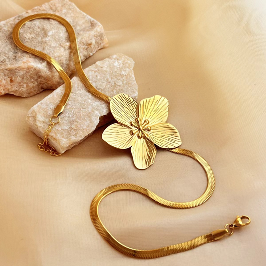 Collier doré en acier inoxydable, maille serpent, pendentif grande fleur tropicale, bijou bohème