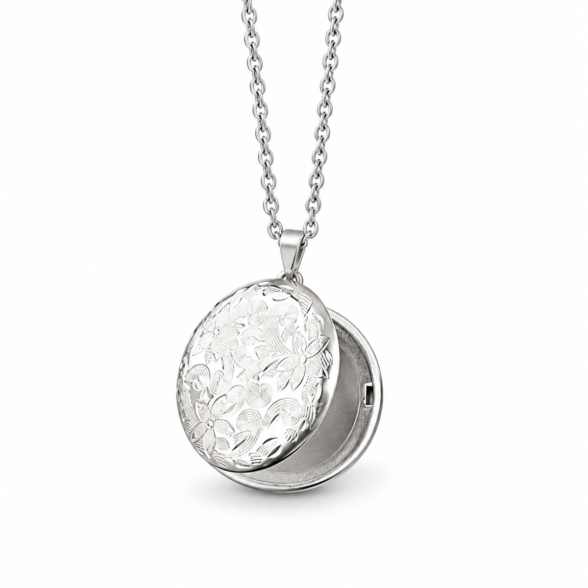 Collier pendentif médaillon à ouvrir en acier inoxydable 316L argenté à chaîne fine maille cubaine.