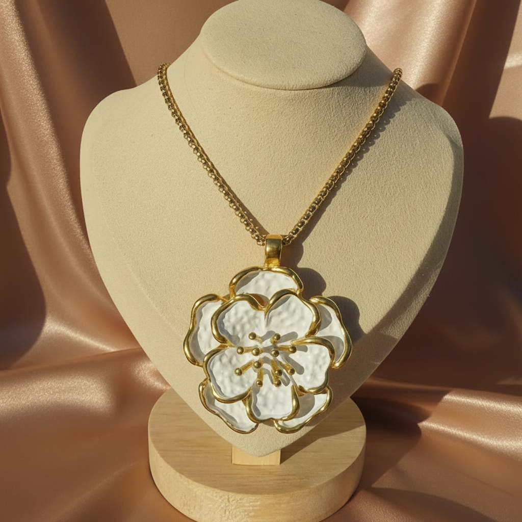 Collier en acier inoxydable doré à maille rolo avec pendentif grande fleur blanche stylisée.