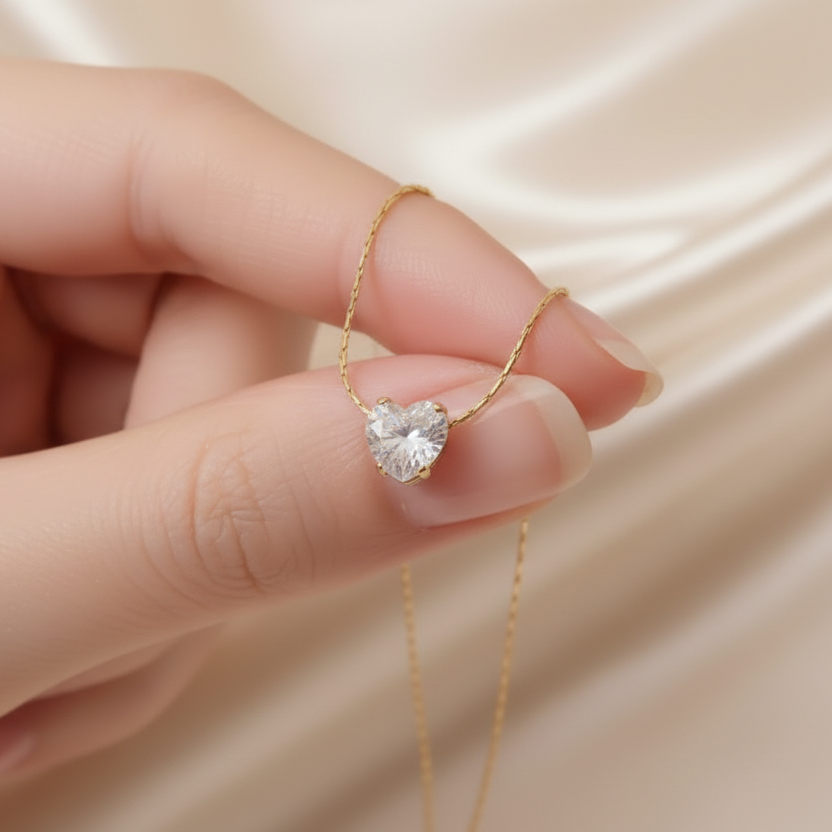 Collier femme avec pendentif petit coeur en zirconium blanc et chaîne ultra fine maille bambou en acier inoxydable 316L doré, bijou délicat, élégant et intemporel exposé sur un doigt