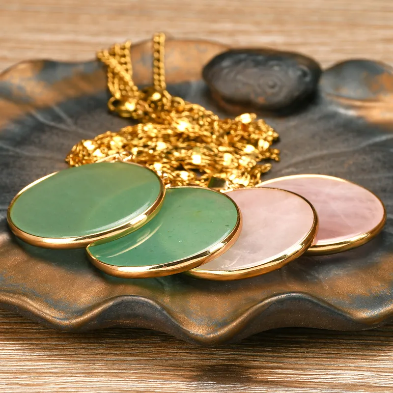 Collier doré en acier chirurgical avec pendentif en Quartz rose et Aventurine, chaîne grain de café – bijou bohème – Swann Bijoux