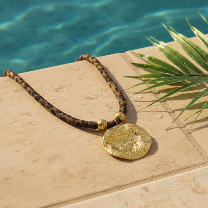 Collier ras-de-cou à cordon imprimé léopard avec pendentif rond martelé en acier 316L doré, style chic et bohème