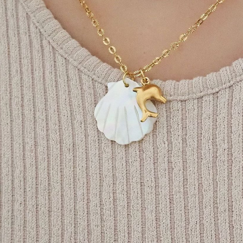 Collier doré en acier inoxydable avec pendentif tortue et coquillage en nacre, bijou bohème