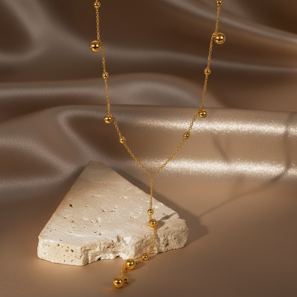 Collier cravate doré en acier inoxydable à fine chaîne maille forçat et perles dorées.