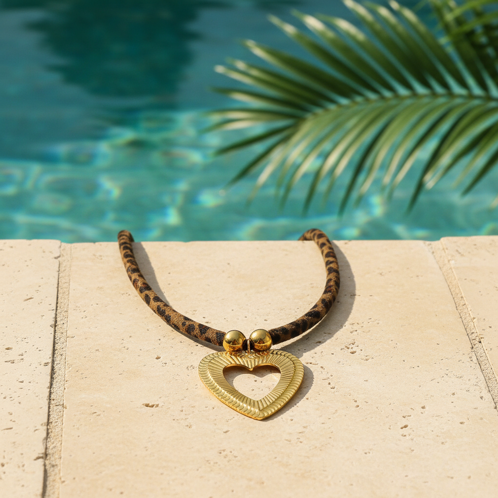 Collier ras-de-cou à cordon imprimé léopard avec pendentif coeur stylisé en acier 316L doré.