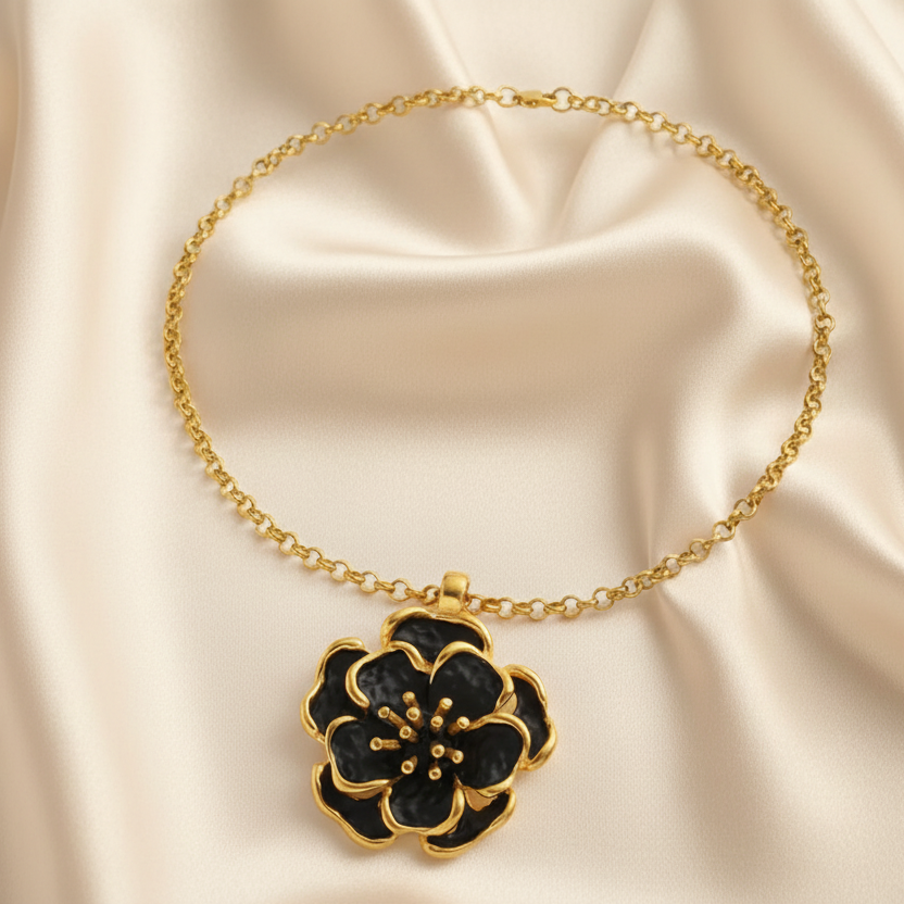 Collier doré en acier inoxydable, maille rolo, pendentif grande fleur noire stylisée, bijou bohème