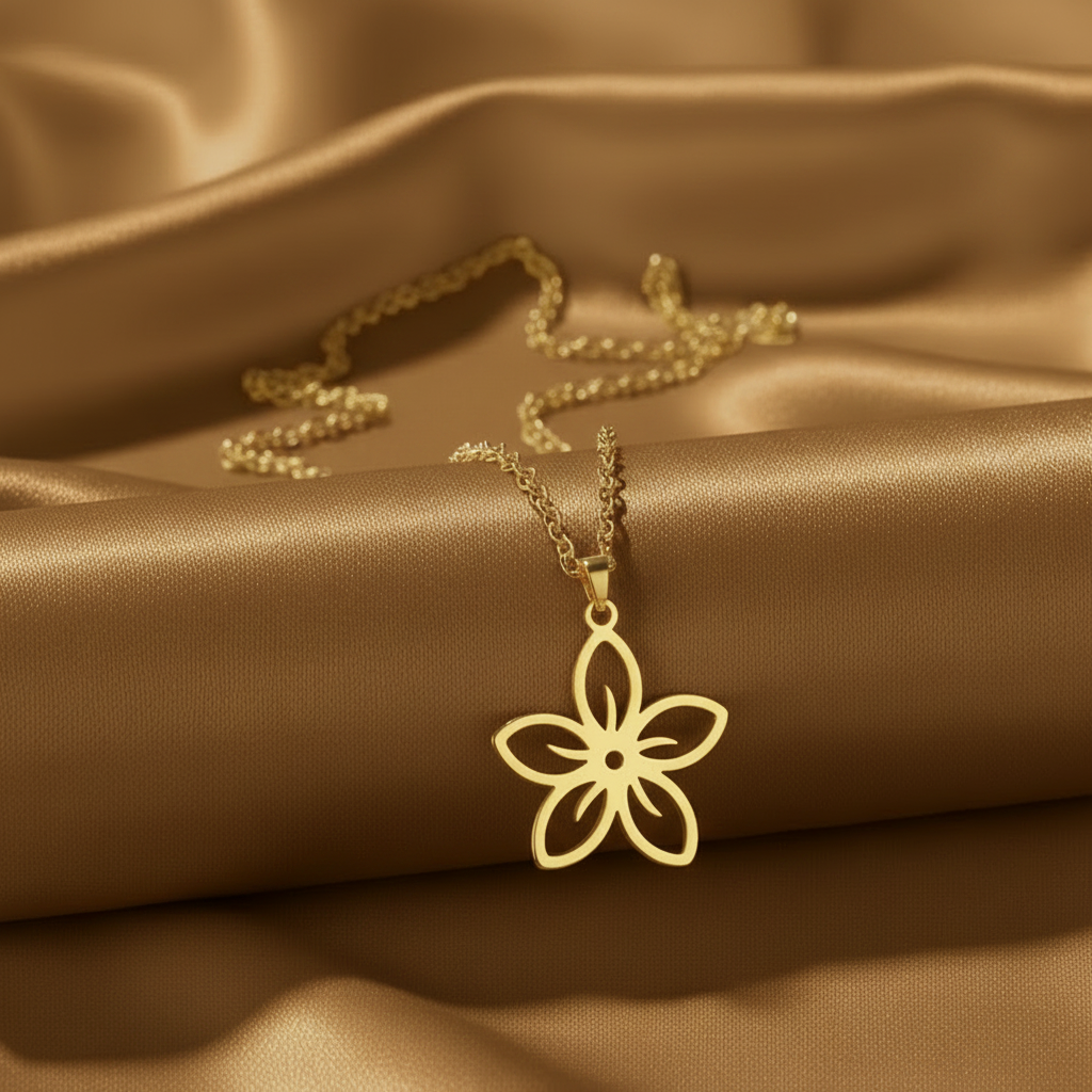Collier doré en acier inoxydable avec pendentif fleur stylisée.