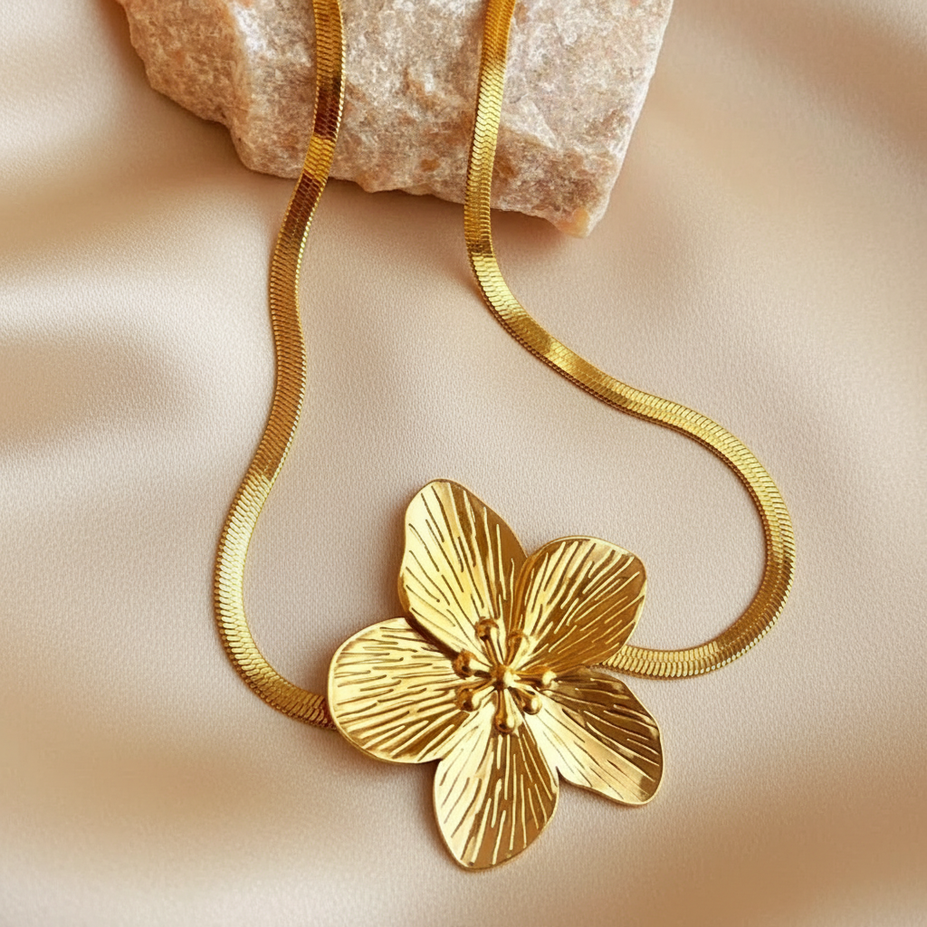 Collier doré en acier inoxydable, maille serpent, pendentif grande fleur tropicale, bijou bohème