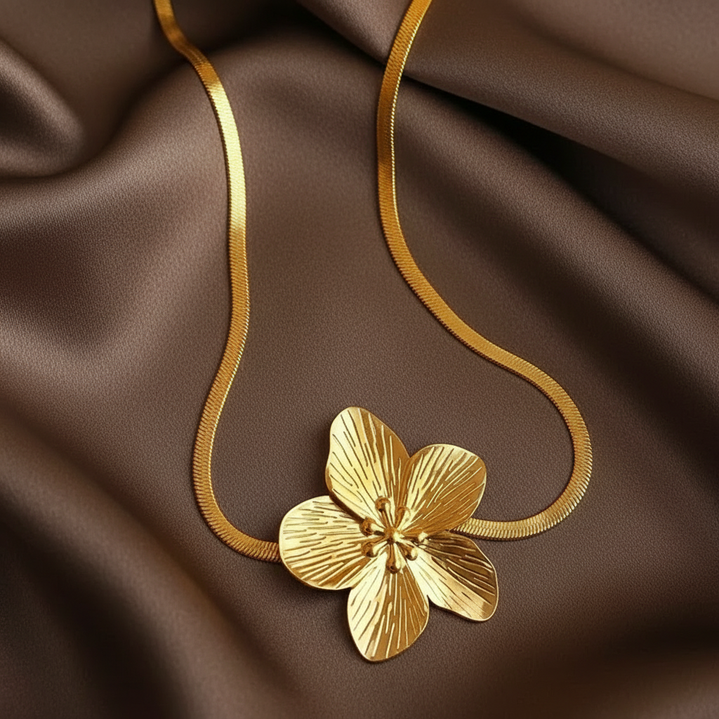 Collier doré en acier inoxydable à chaîne maille serpent orné d'un pendentif grande fleur tropicale.