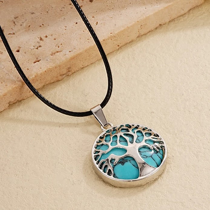 Collier GABRIEL en Acier Inoxydable et Cuir – Arbre de Vie & Pierre Naturelle TURQUOISE