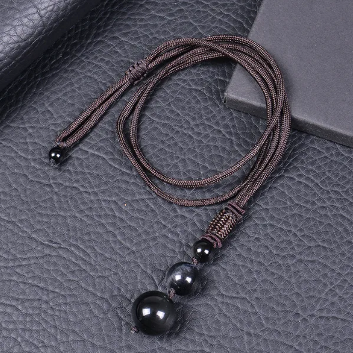 Collier SAMUEL avec Pendentif Trio OBSIDIENNE – Pierres Naturelles 16/12/8 mm sur Corde Nylon Marron Ajustable
