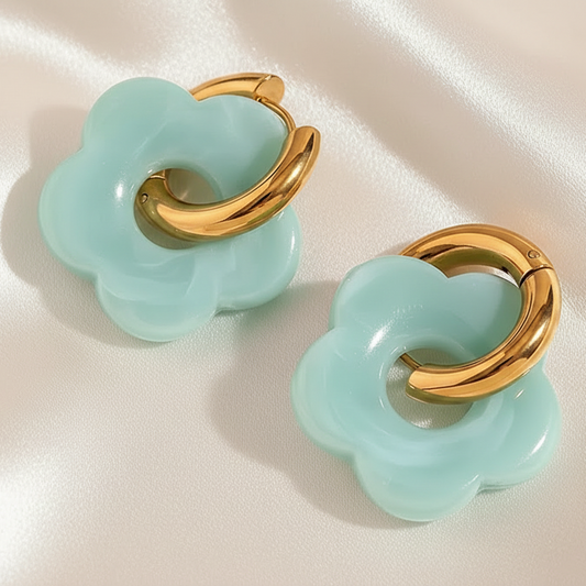 Créoles en acier inoxydable doré avec fleur acrylique couleur jade