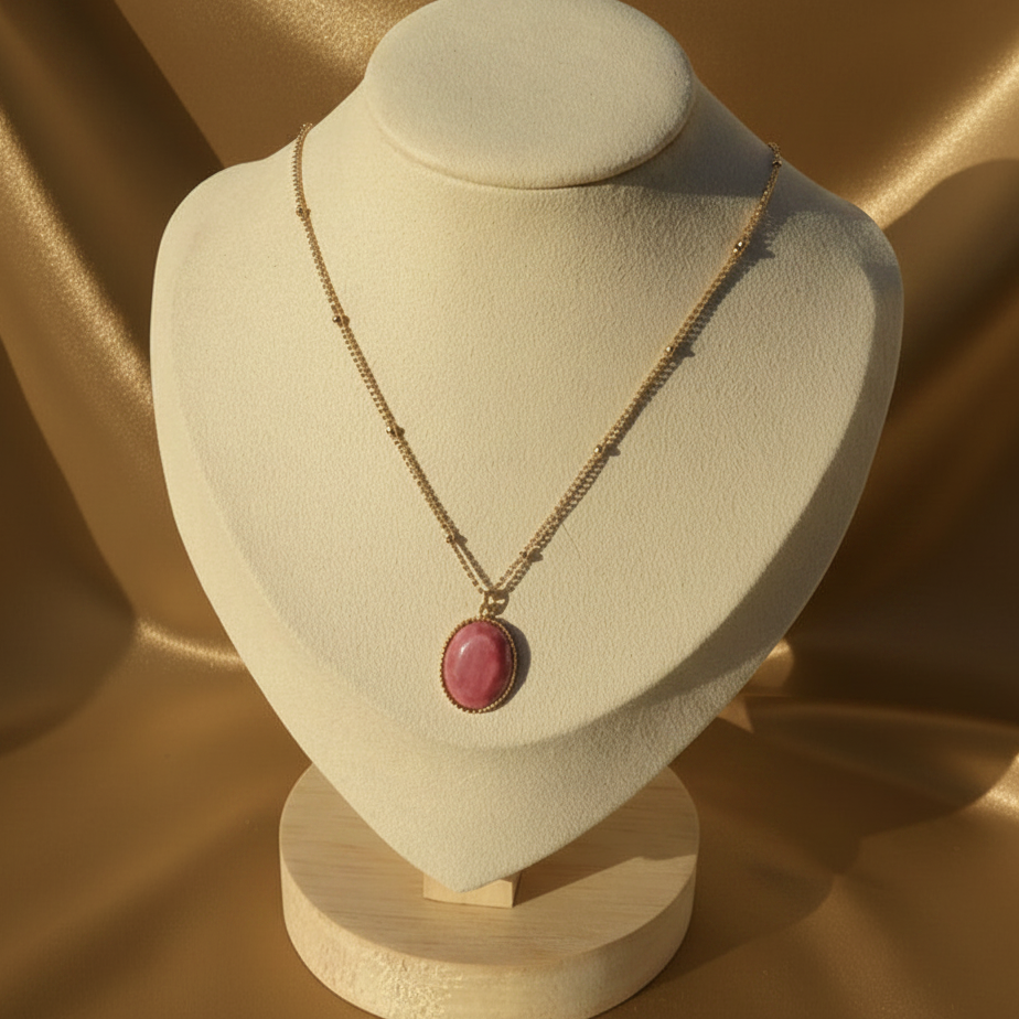 Collier doré en acier inoxydable à chaîne maille gourmette et perles orné d'un pendentif en rhodochrosite naturelle.